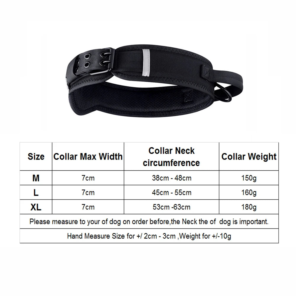 a Black Adjustable Tactical Dog Collar with Control Handle with table especifications