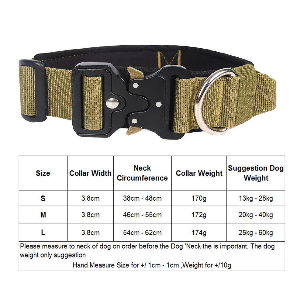 a brown Adjustable Tactical Dog Collar with Control Handle with table especifications