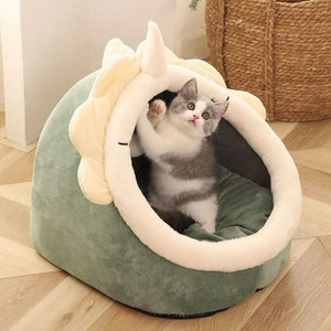 Cat inside Cozy Cat & Dog Bed Cave – Round Pet Sleeping Nest with Cushion Green 