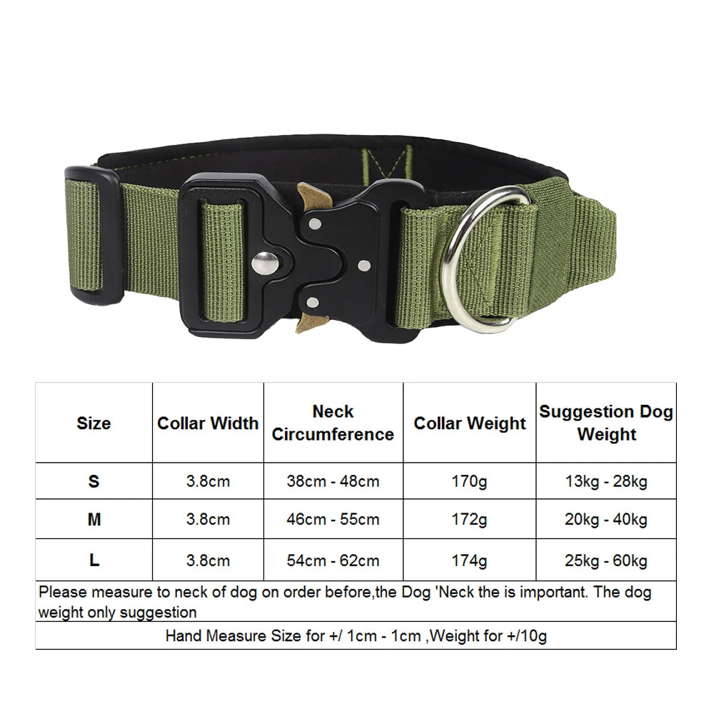 a Green Adjustable Tactical Dog Collar with Control Handle with table especifications