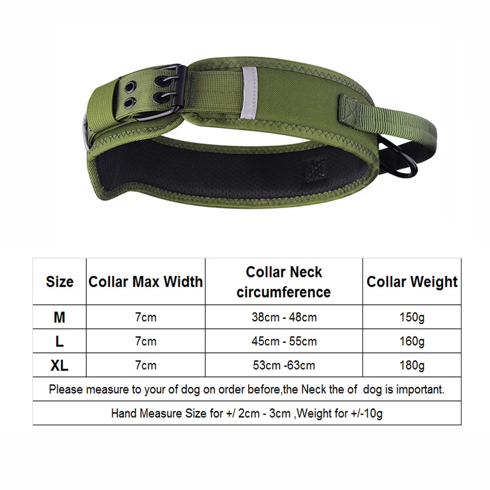 a Green c Adjustable Tactical Dog Collar with Control Handle with table especifications