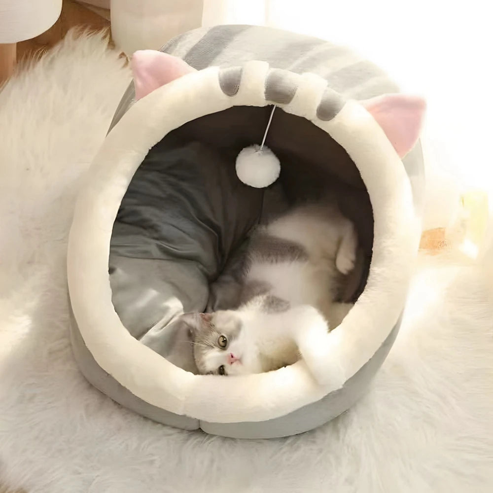 Cat inside Cozy Cat & Dog Bed Cave – Round Pet Sleeping Nest with CushionGrey pink