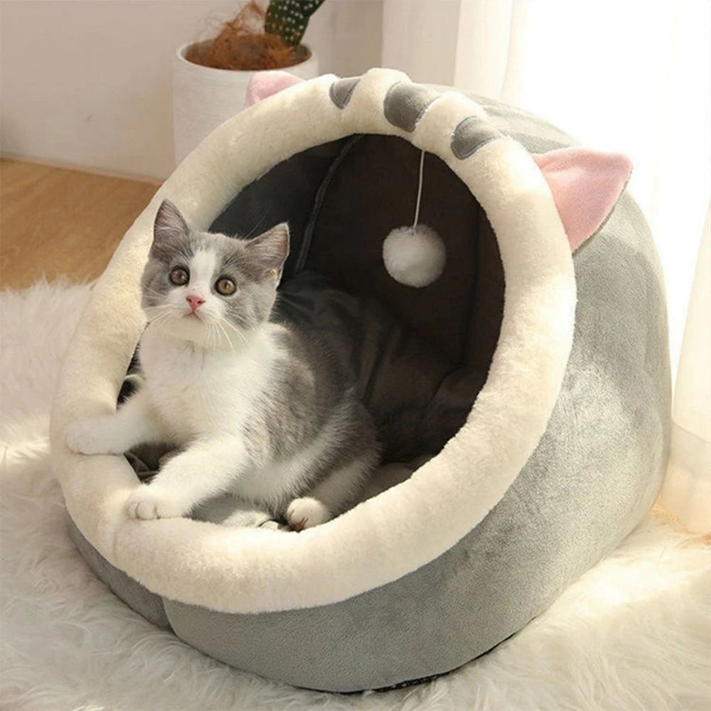 Cat inside Cozy Cat & Dog Bed Cave – Round Pet Sleeping Nest with Cushion grey