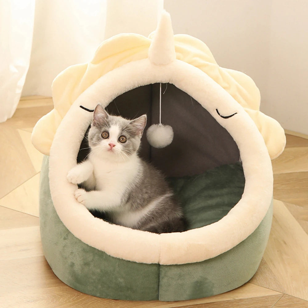 Cat inside Cozy Cat & Dog Bed Cave – Round Pet Sleeping Nest with Cushion 