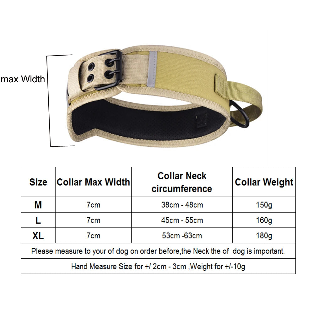 a light brown Adjustable Tactical Dog Collar with Control Handle with table especifications