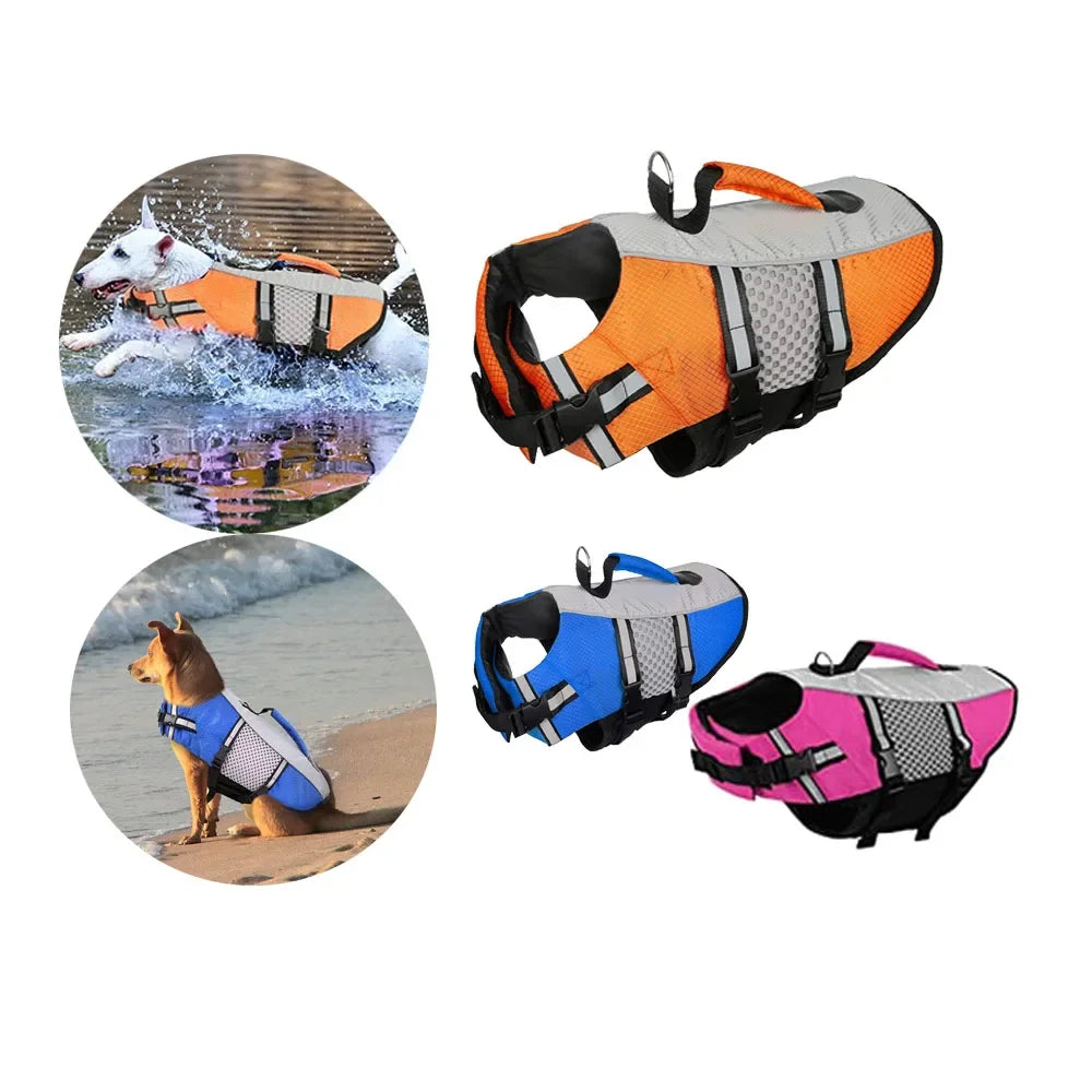 2 dogs waring Adjustable Reflective Dog Life Jacket, one swimining and one at beach with 3 Adjustable Reflective