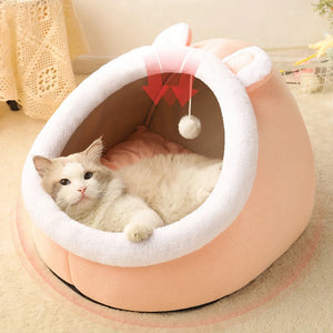 Cat inside Cozy Cat & Dog Bed Cave – Round Pet Sleeping Nest with Cushion Pink