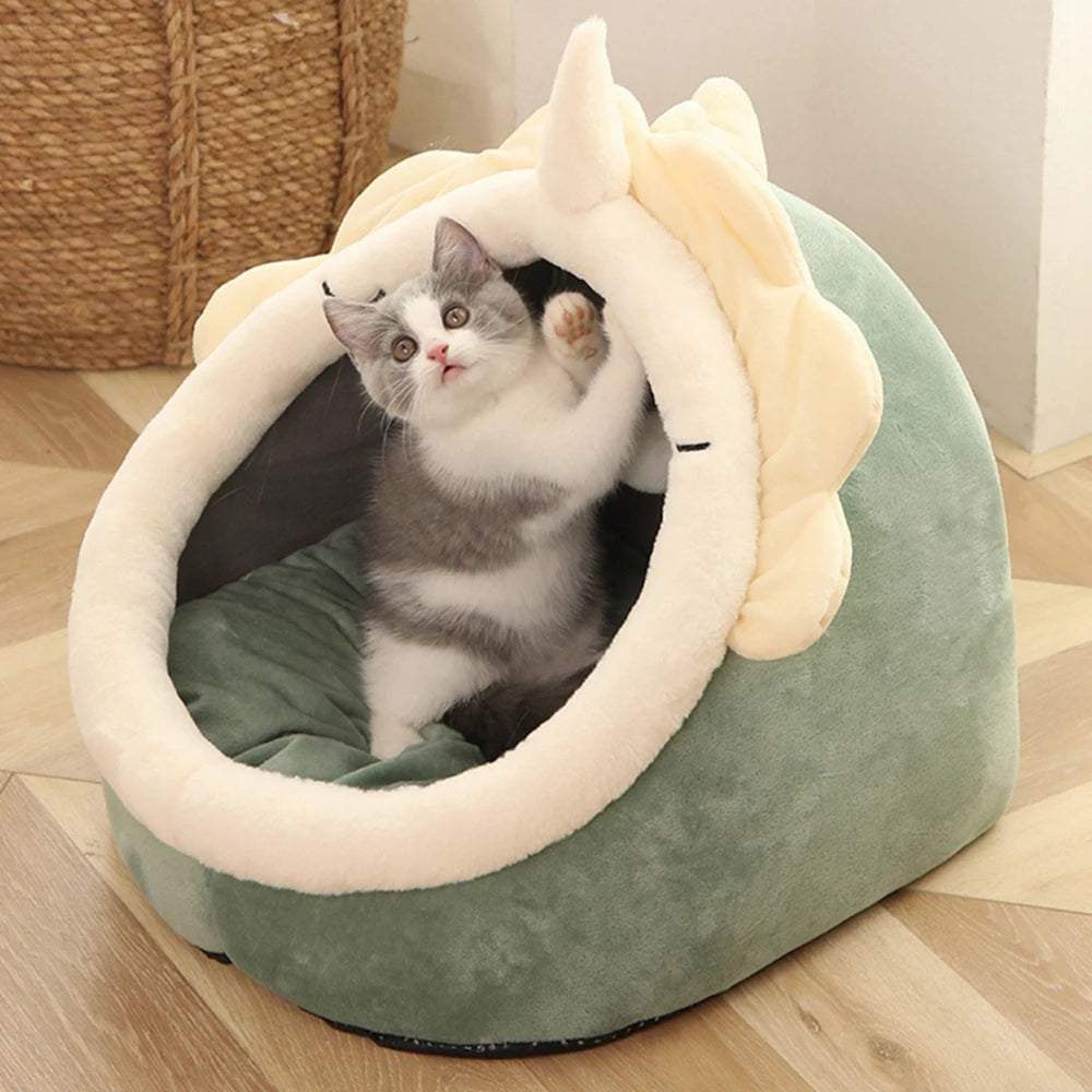 Cat inside Cozy Cat & Dog Bed Cave – Round Pet Sleeping Nest with Cushion