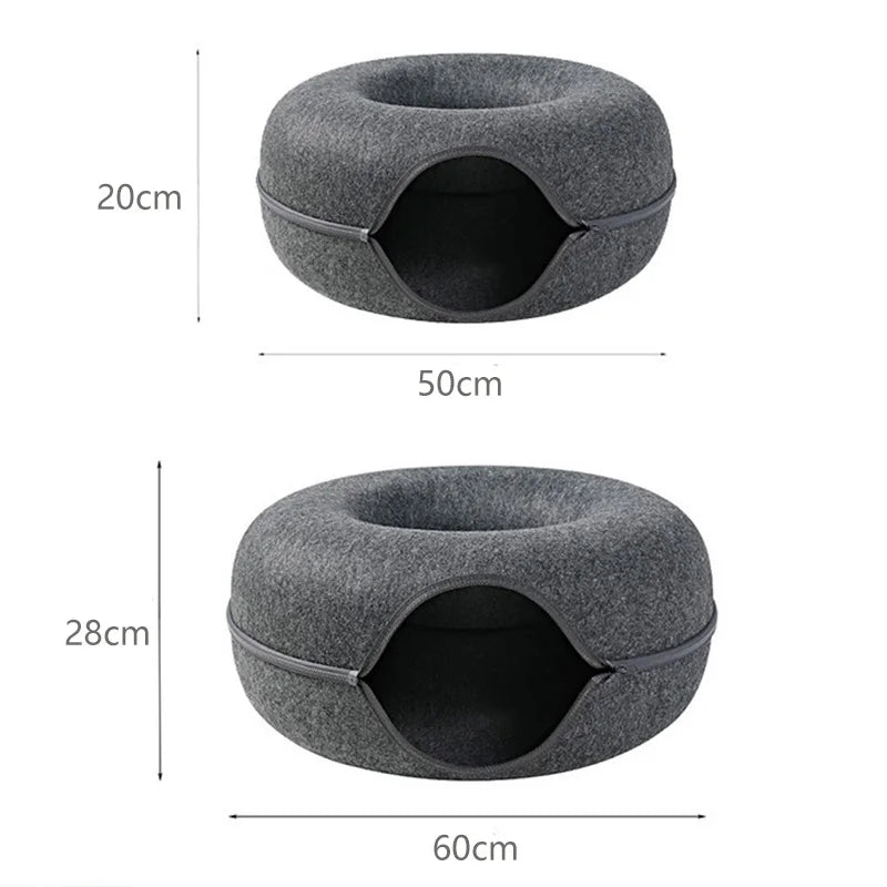 Donut Cat Bed & Tunnel – Interactive Pet Basket & Felt Rabbit Cave for Cats - Pet Oasis