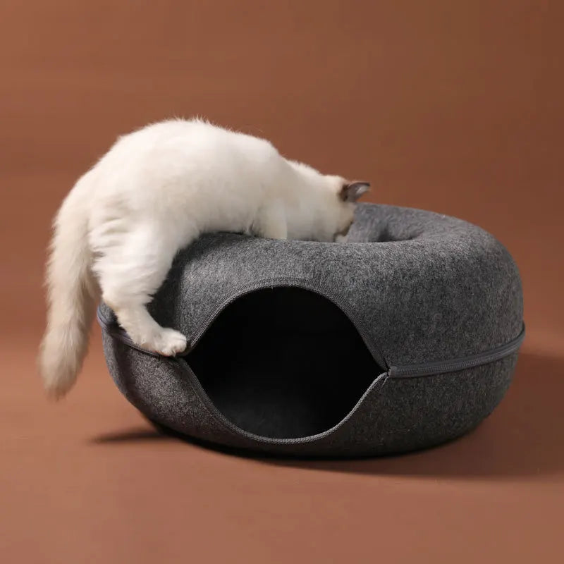 Donut Cat Bed & Tunnel – Interactive Pet Basket & Felt Rabbit Cave for Cats - Pet Oasis