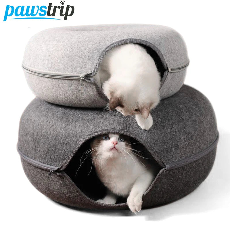 Donut Cat Bed & Tunnel – Interactive Pet Basket & Felt Rabbit Cave for Cats - Pet Oasis