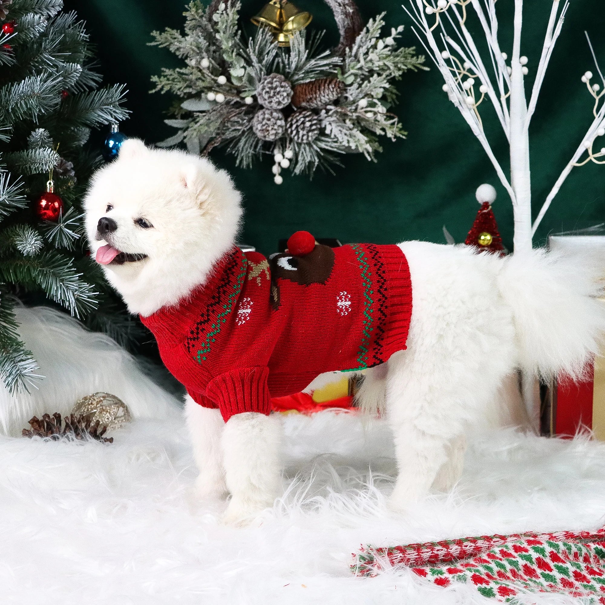 Small Dog Christmas Sweater with Elk & Fuzzy Pompom – Cozy Holiday Outfit - Pet Oasis