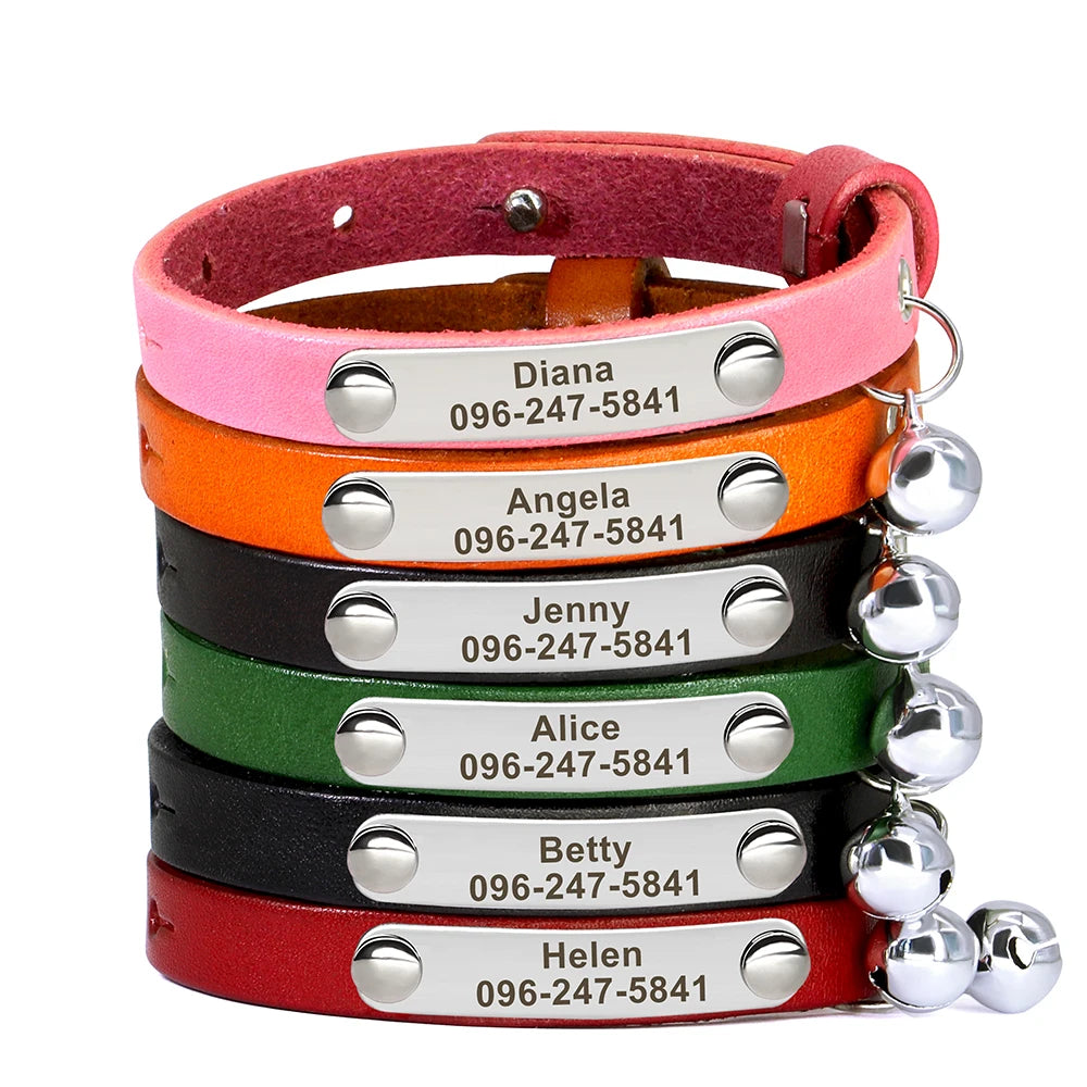 Personalized Leather Collar with Bell – Adjustable for Small Pets