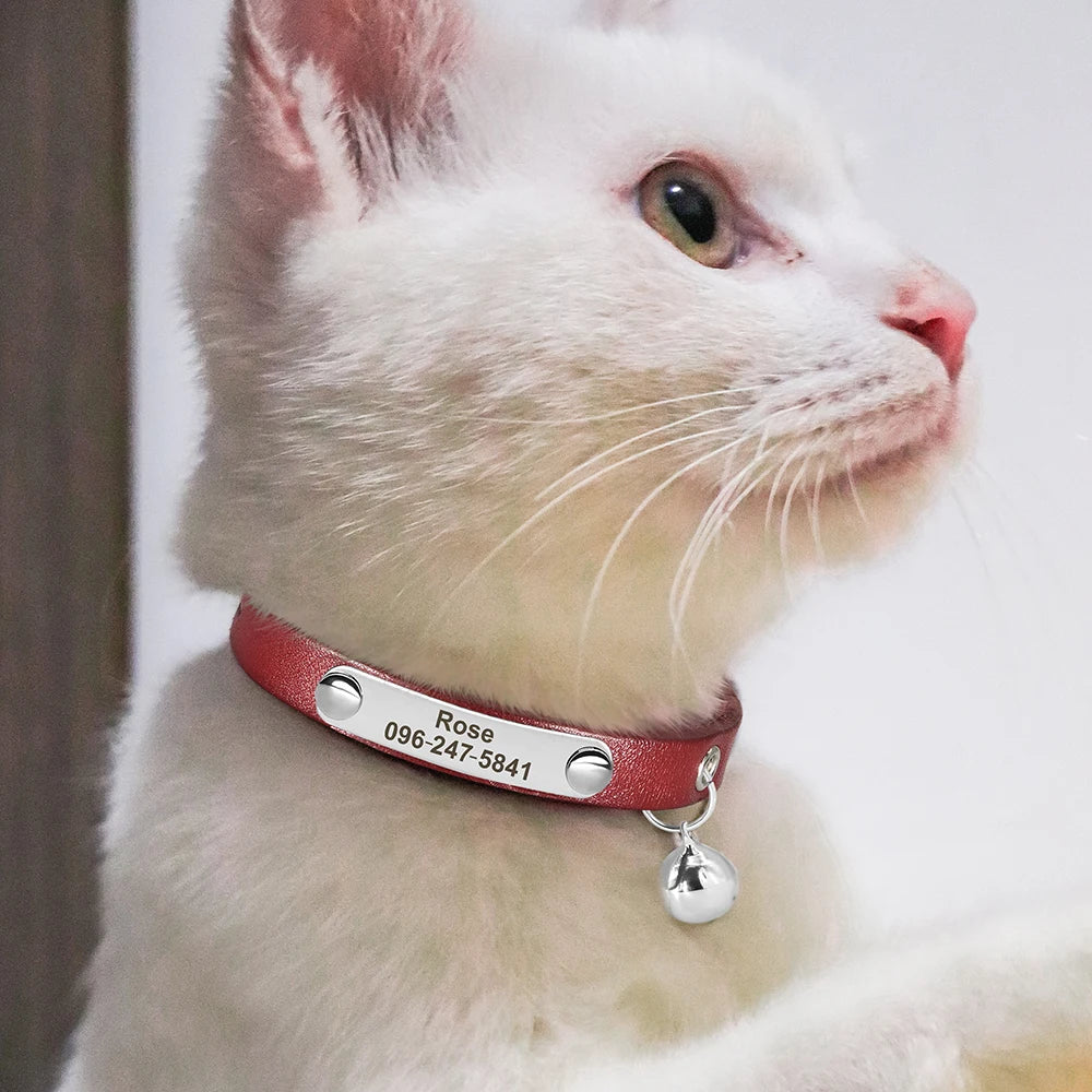 Personalized Leather Collar with Bell – Adjustable for Small Pets