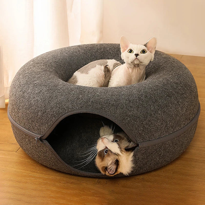 Donut Cat Bed & Tunnel – Interactive Pet Basket & Felt Rabbit Cave for Cats - Pet Oasis