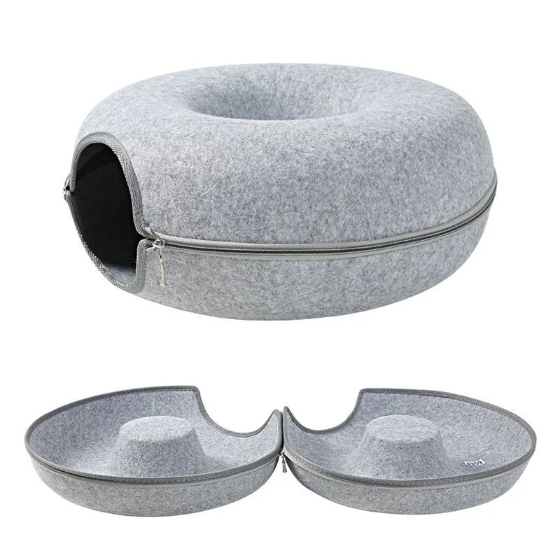 Donut Cat Bed & Tunnel – Interactive Pet Basket & Felt Rabbit Cave for Cats - Pet Oasis