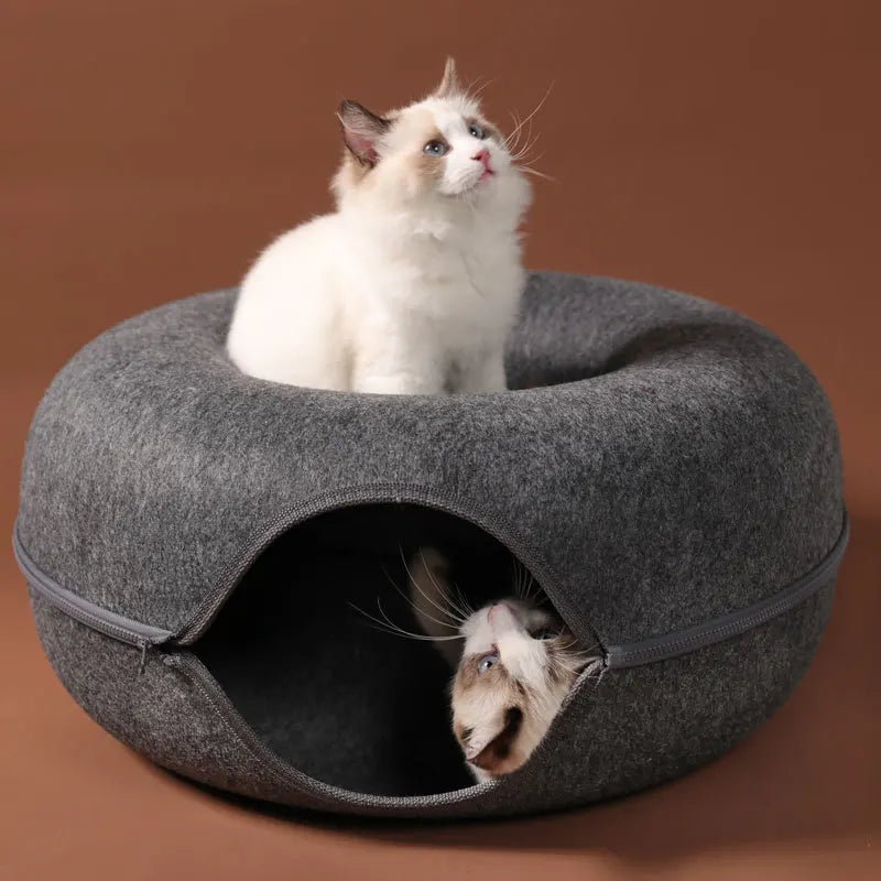 Donut Cat Bed & Tunnel – Interactive Pet Basket & Felt Rabbit Cave for Cats - Pet Oasis