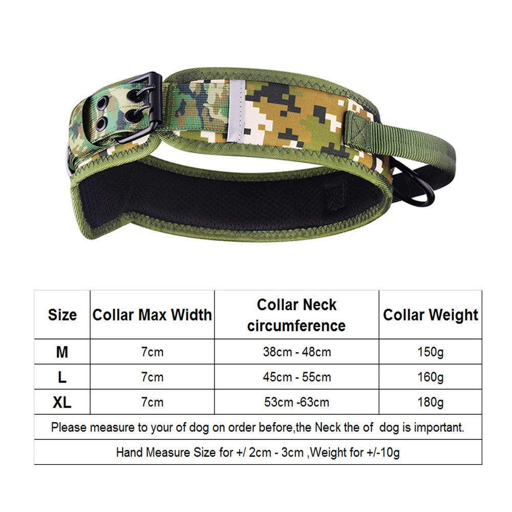 a solder Adjustable Tactical Dog Collar with Control Handle with table especifications