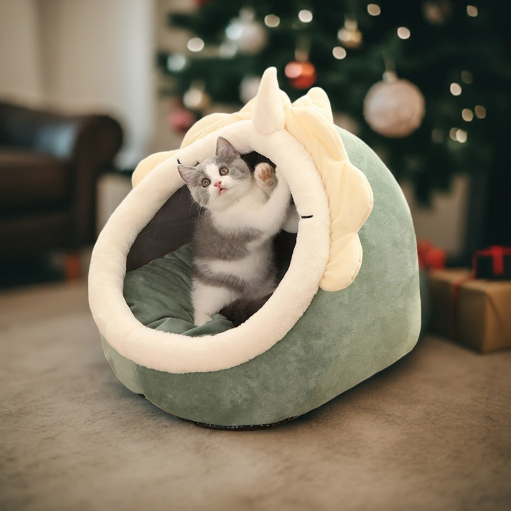 Cat inside Cozy Cat & Dog Bed Cave – Round Pet Sleeping Nest with Cushion in chistmas tree