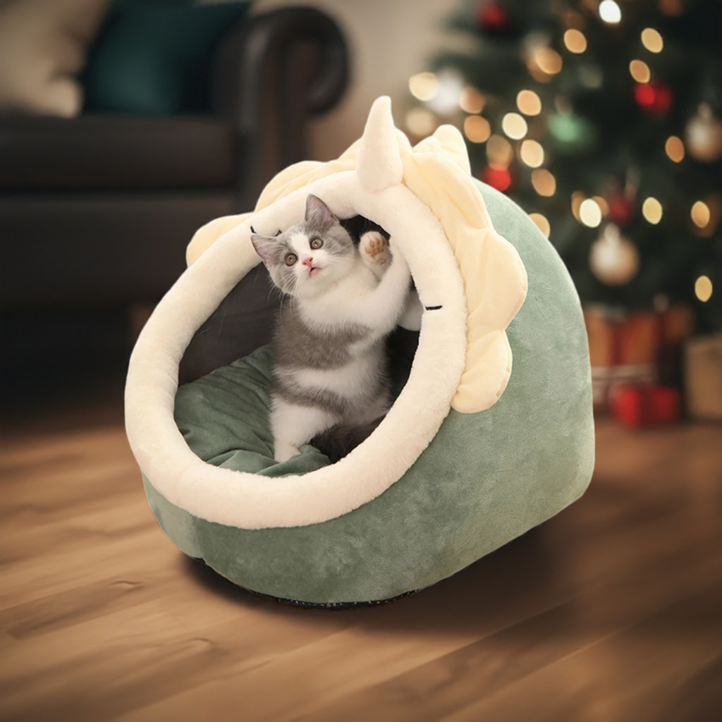 Cat inside Cozy Cat & Dog Bed Cave – Round Pet Sleeping Nest with Cushion in chistmas tree