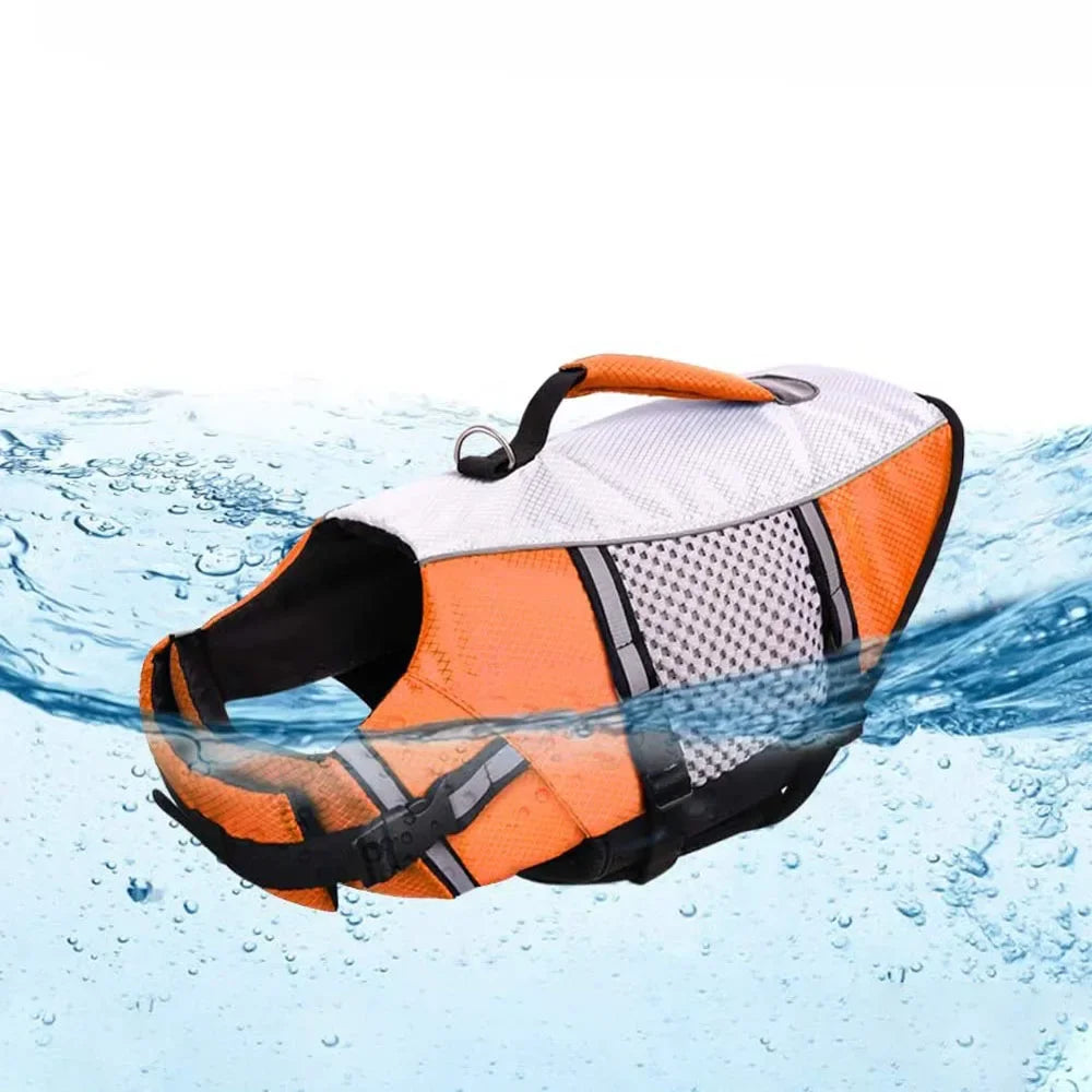 orange Adjustable Reflective Dog Life Jacket in water