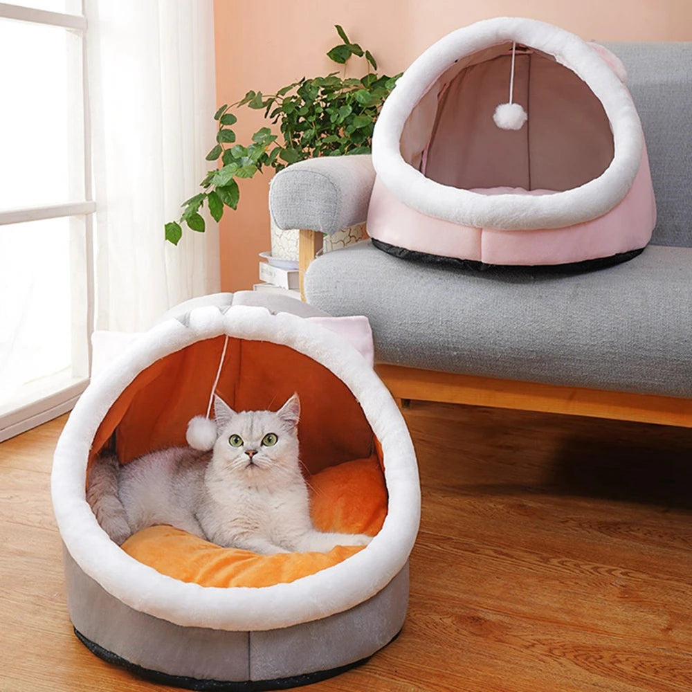 Cat inside Cozy Cat & Dog Bed Cave – Round Pet Sleeping Nest with Cushion and one empty on sofa